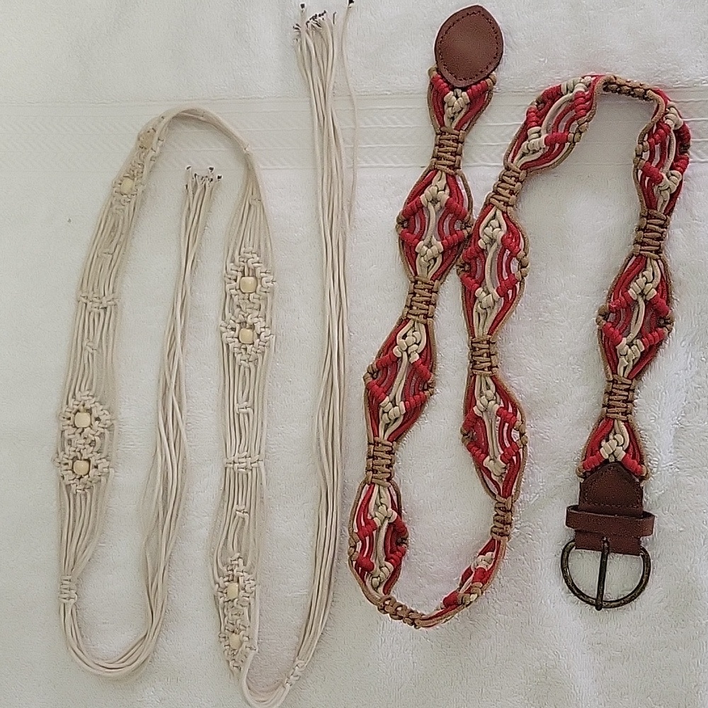 Vintage Boho 70's Macrame Belts. One With Beads And Tie Close, One Has A Buckle